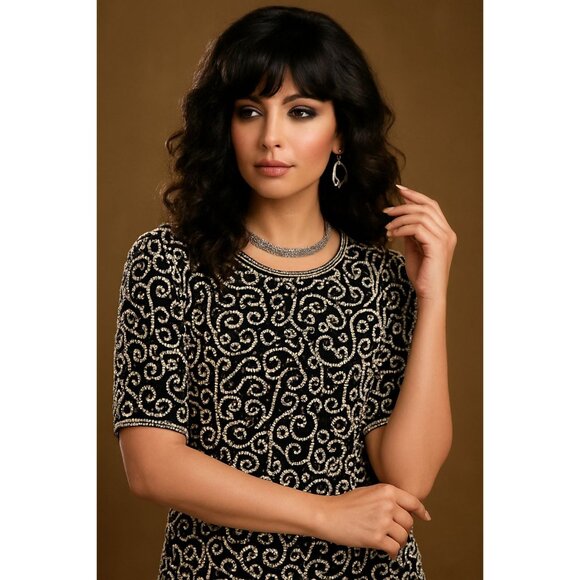 Lawrence Kazar 2X Black Silk Beaded Top Pearl Swirl Vintage Glam Holiday Party - Picture 3 of 11